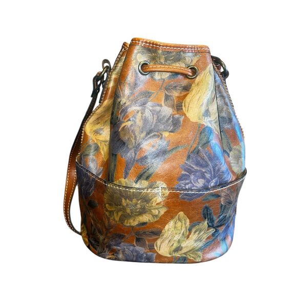 Patricia Nash Riano brown leather drawstring bucket bag Painted Irises floral - Picture 2 of 7